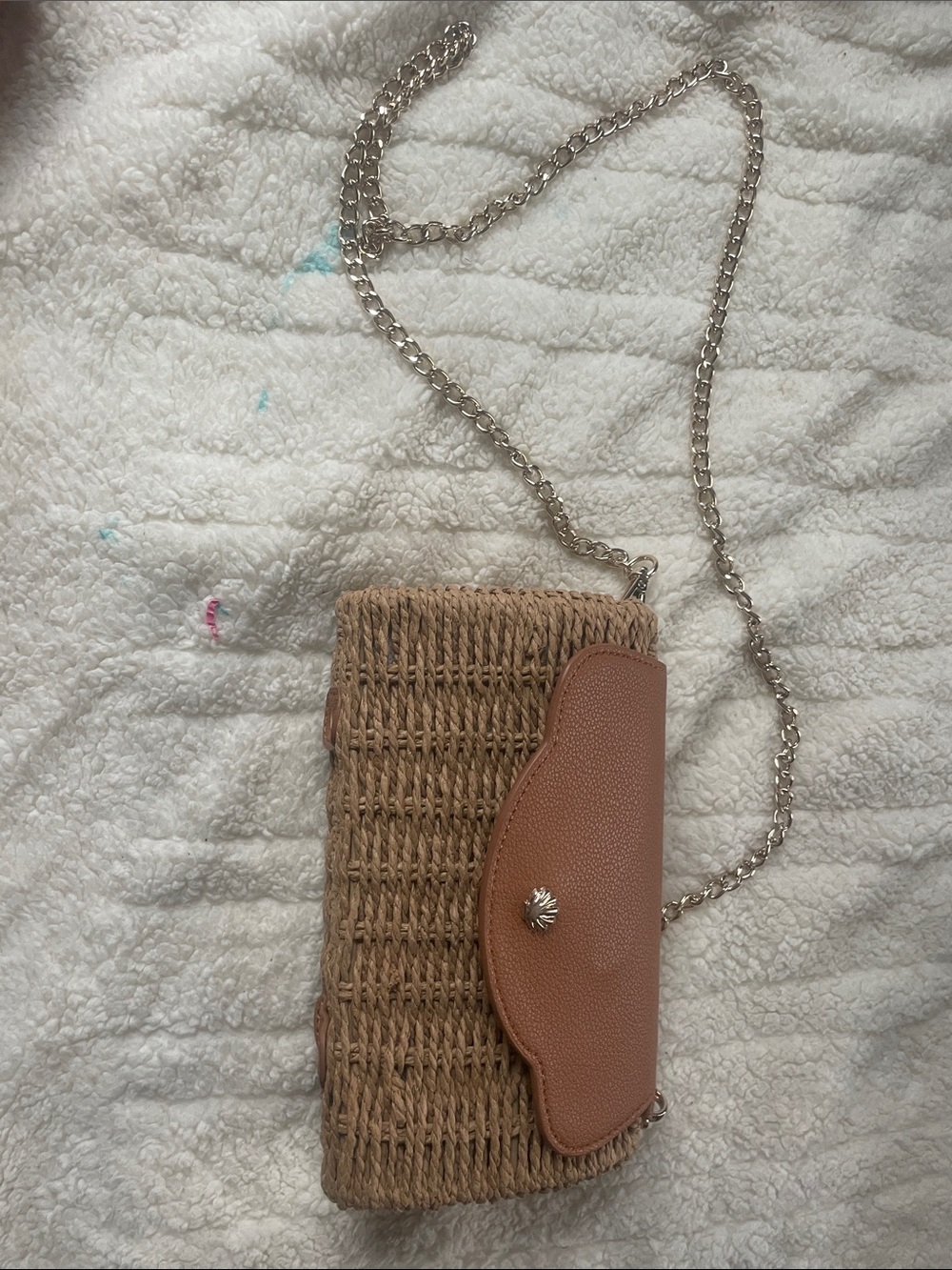 LC Lauren Conrad Woven Straw Crossbody with Tan Leather Flap & Silver Chain